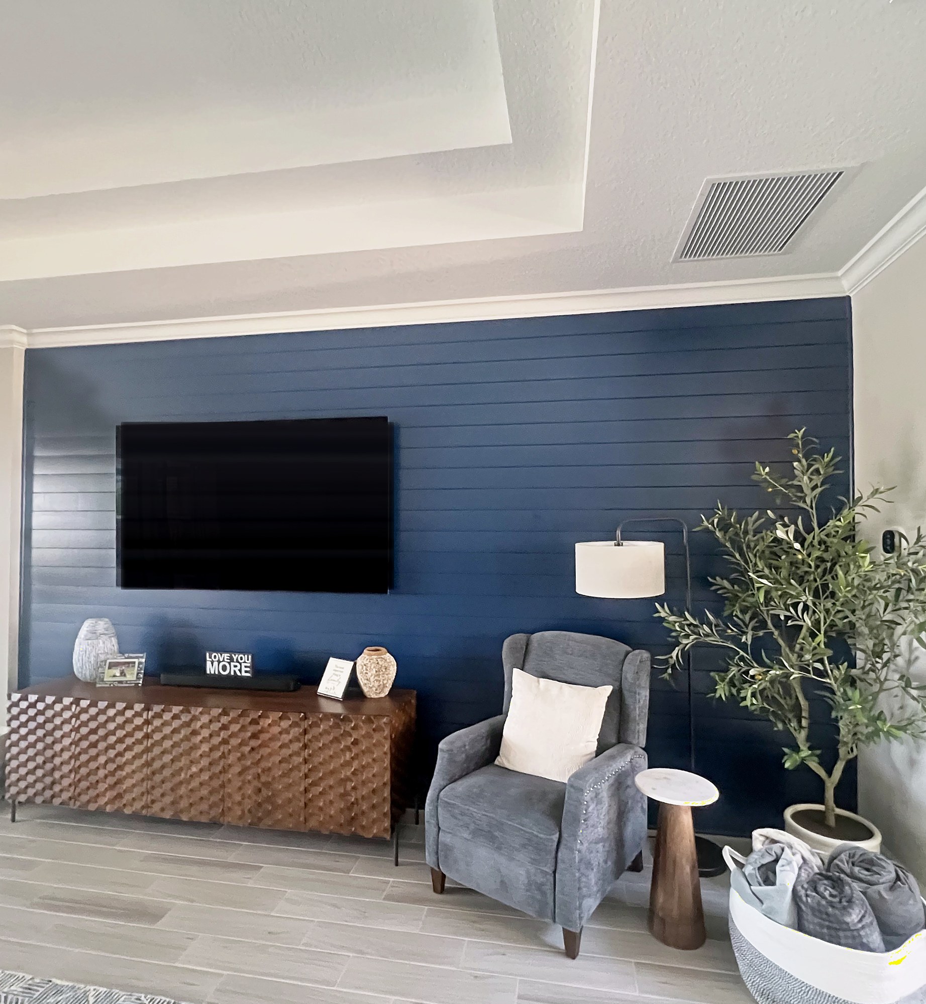 Navy shiplap accent wall behind a mounted TV in a living room, Lakewood Ranch, FL
