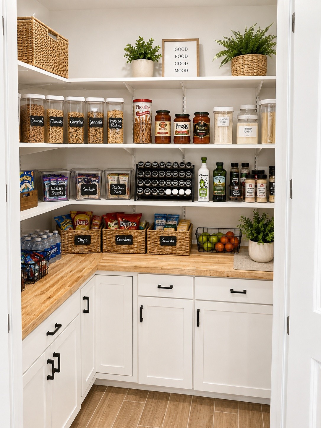 Custom walk-in pantry shelving and cabinetry