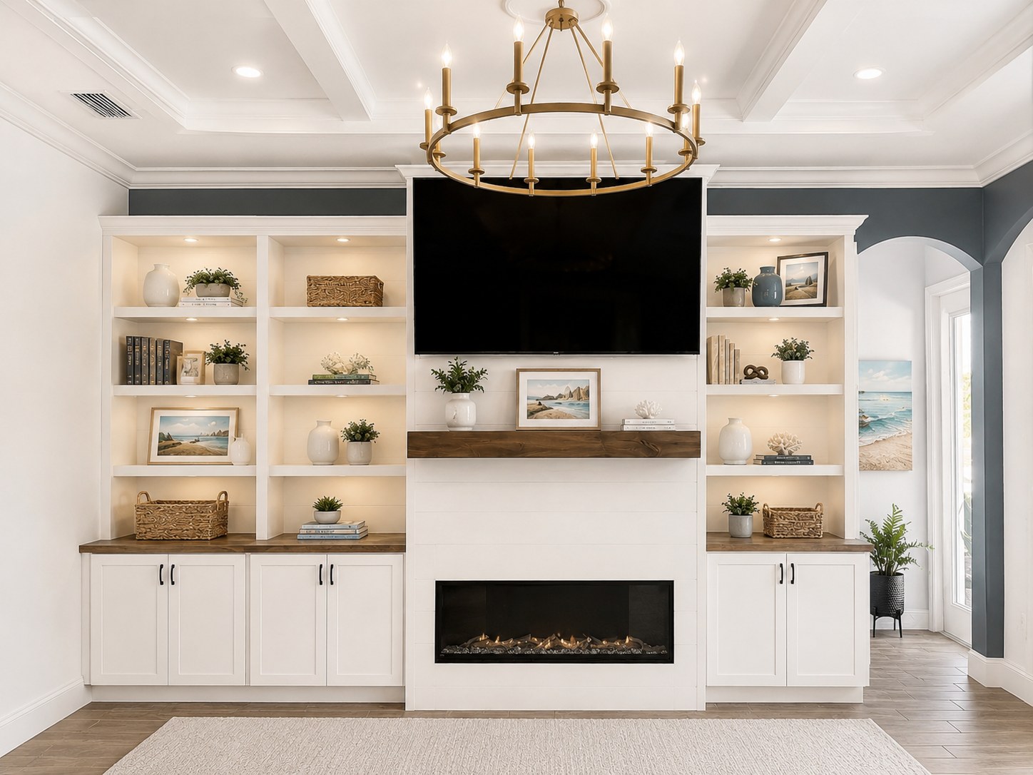 Custom built-in shelving and cabinetry surrounding a fireplace and TV wall, Florida