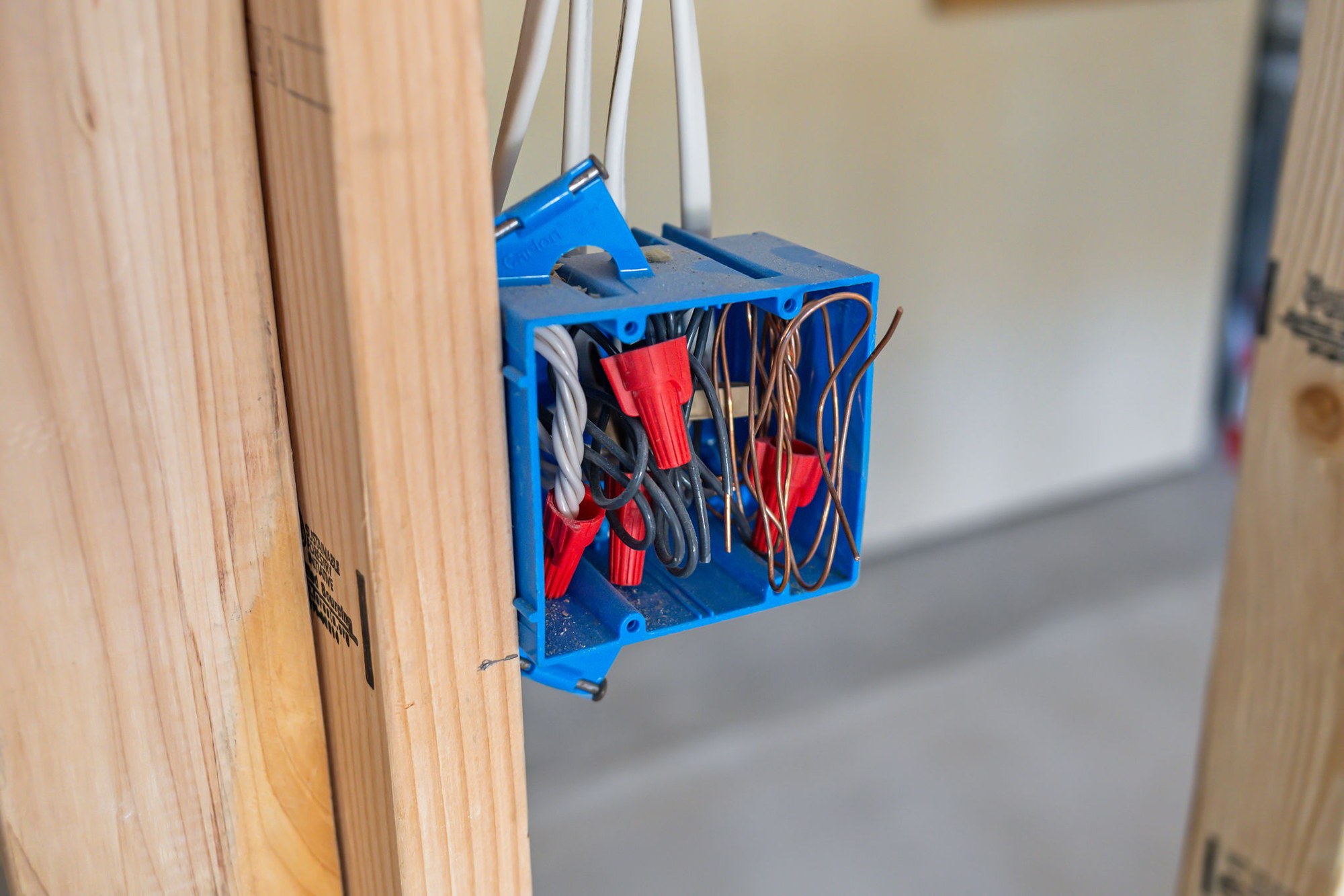 Properly wired electrical junction box with capped connections during construction, Florida