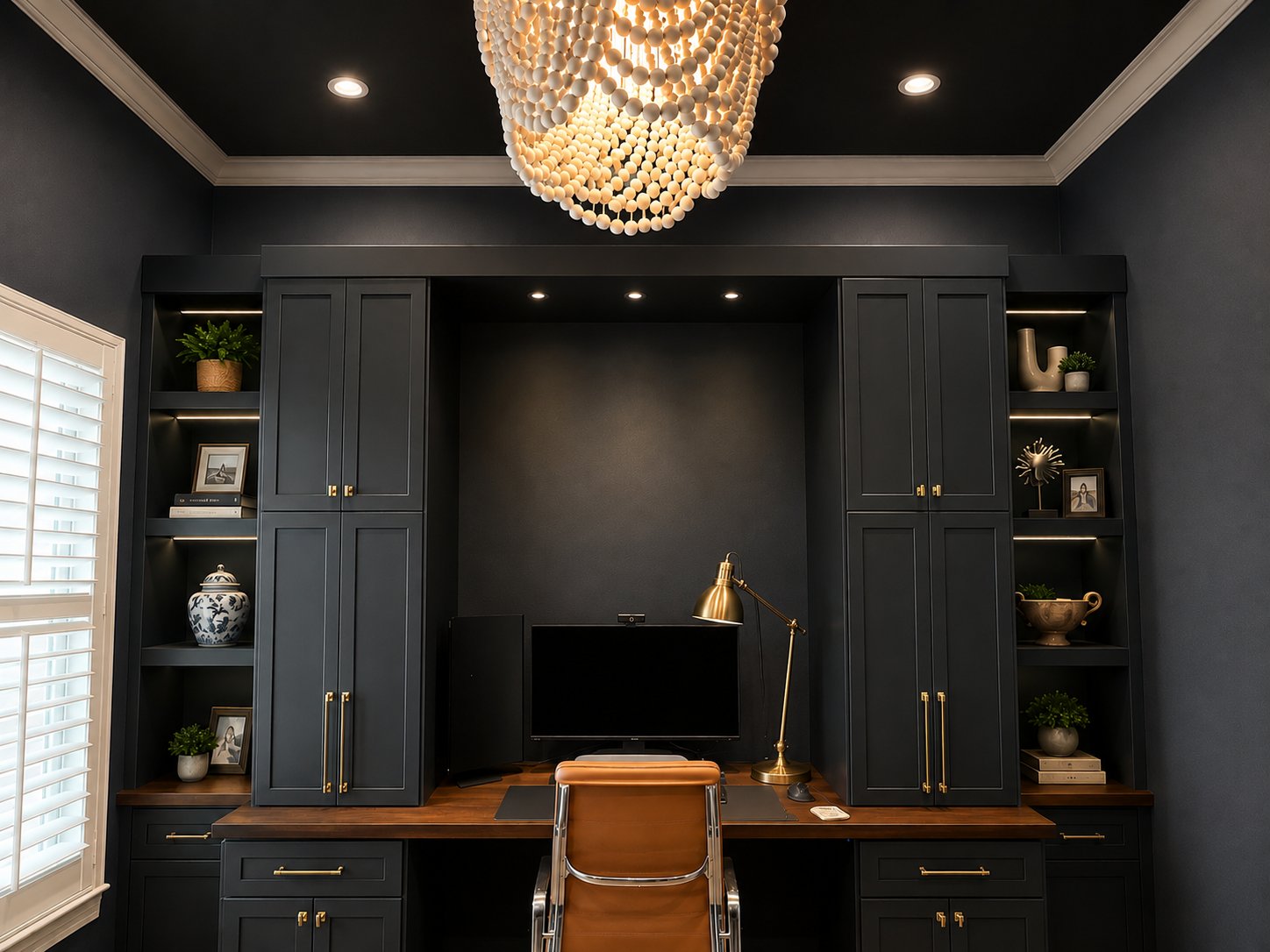 Finished built-in home office with navy cabinetry, Sarasota, FL