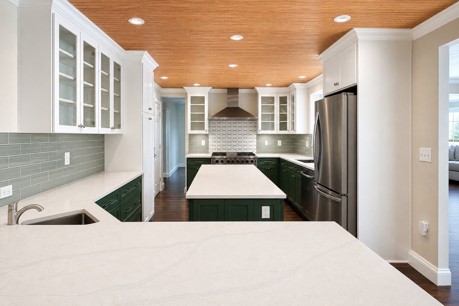Finished kitchen, wide view from bar seating