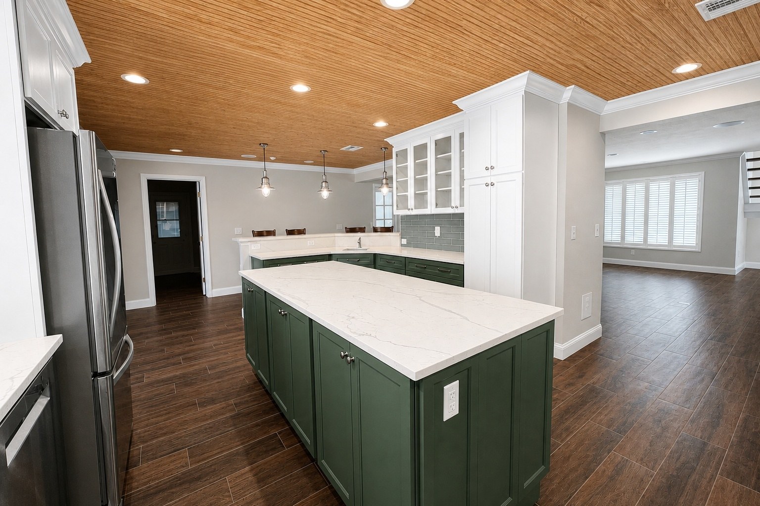 Finished kitchen, view toward island and prep sink