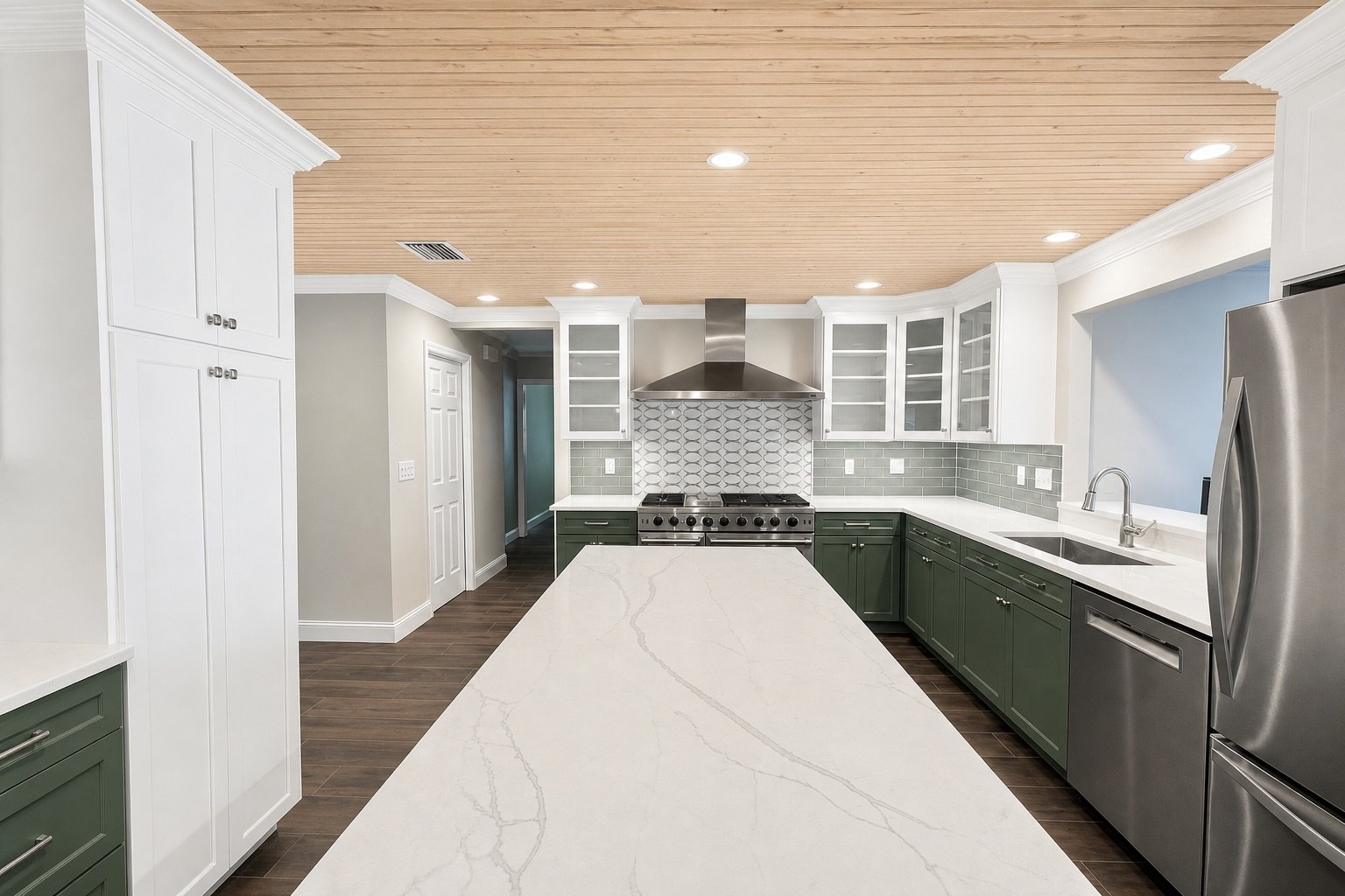 Finished kitchen, island and open floor plan