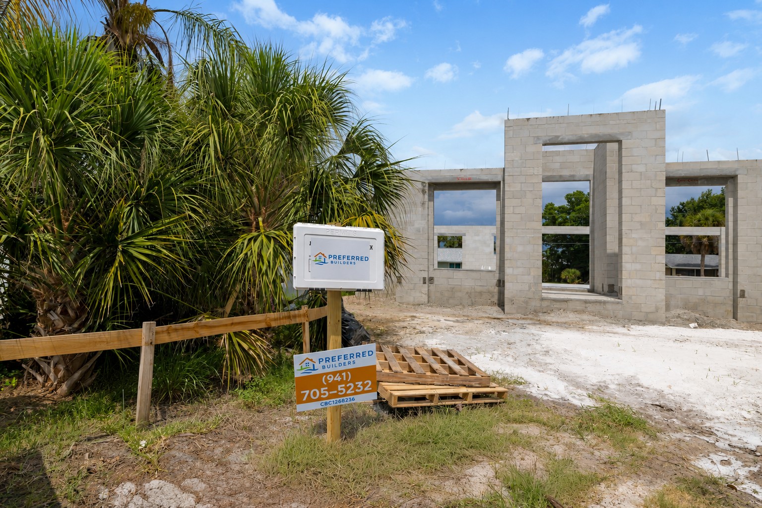 Preferred Builders permit and contact sign posted at an active new-construction job site in Florida
