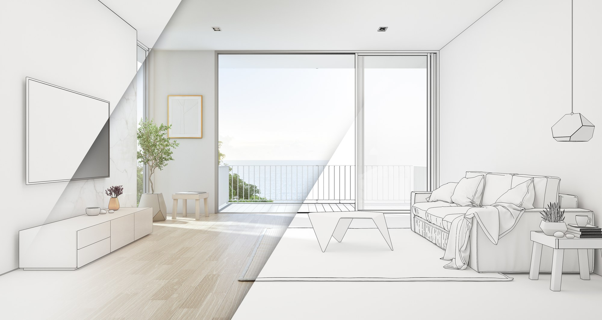 Illustration of a living room design concept transitioning from sketch to finished render