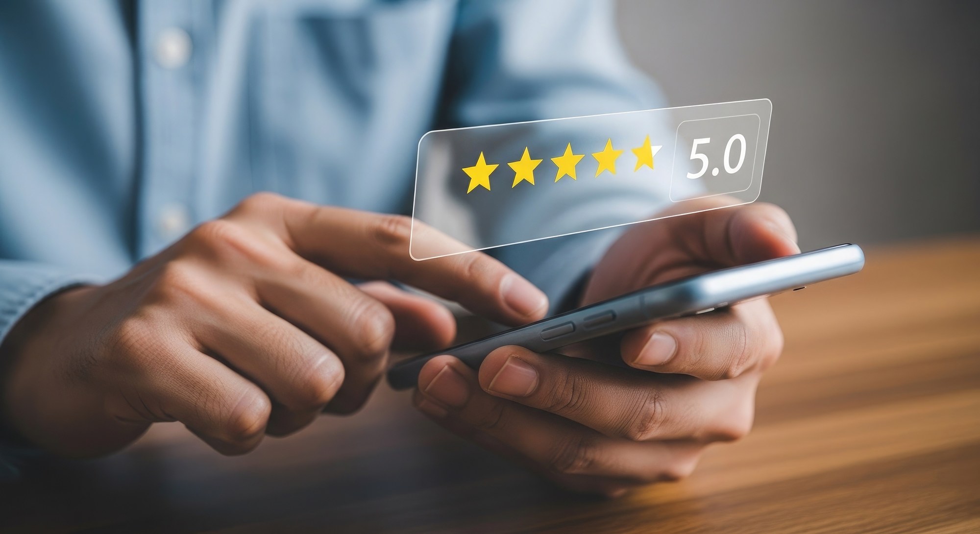 Illustration of a five-star customer review rating on a smartphone